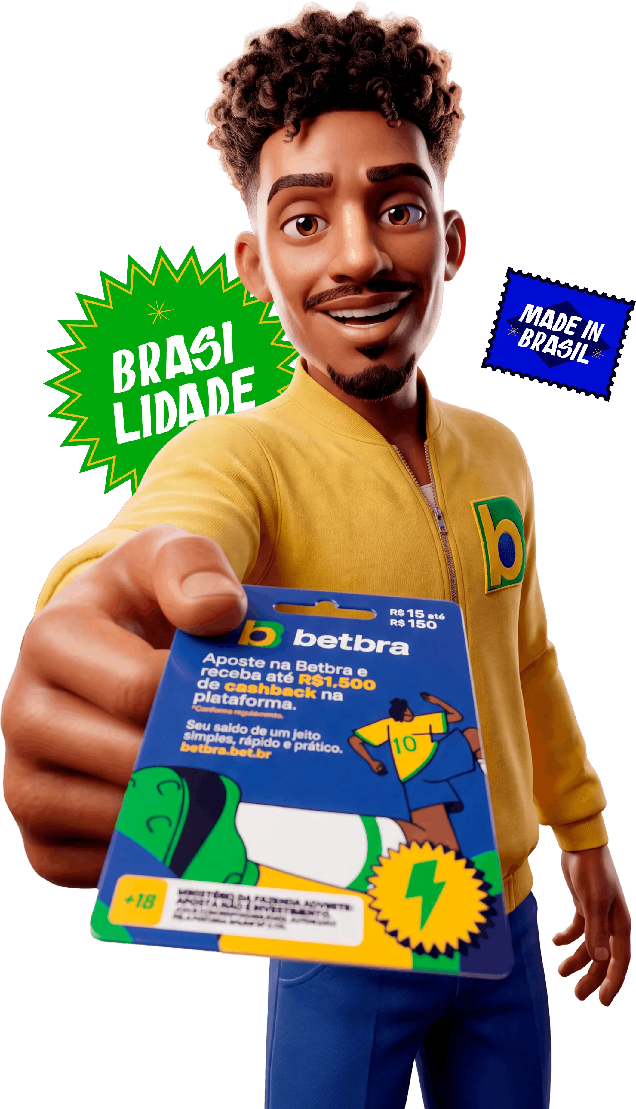 Cliente sorrindo segurando o Gift Card Betbra em frente a uma loja Americanas